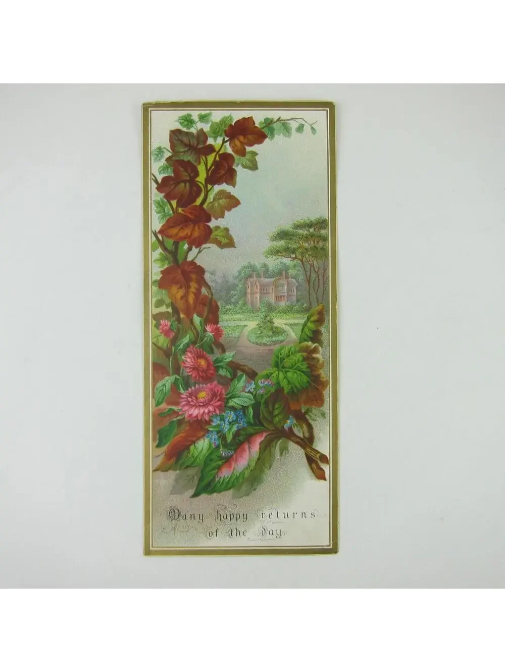 Victorian Greeting Card Georgian House Mansion Pink Flowers Leaves Happy Returns